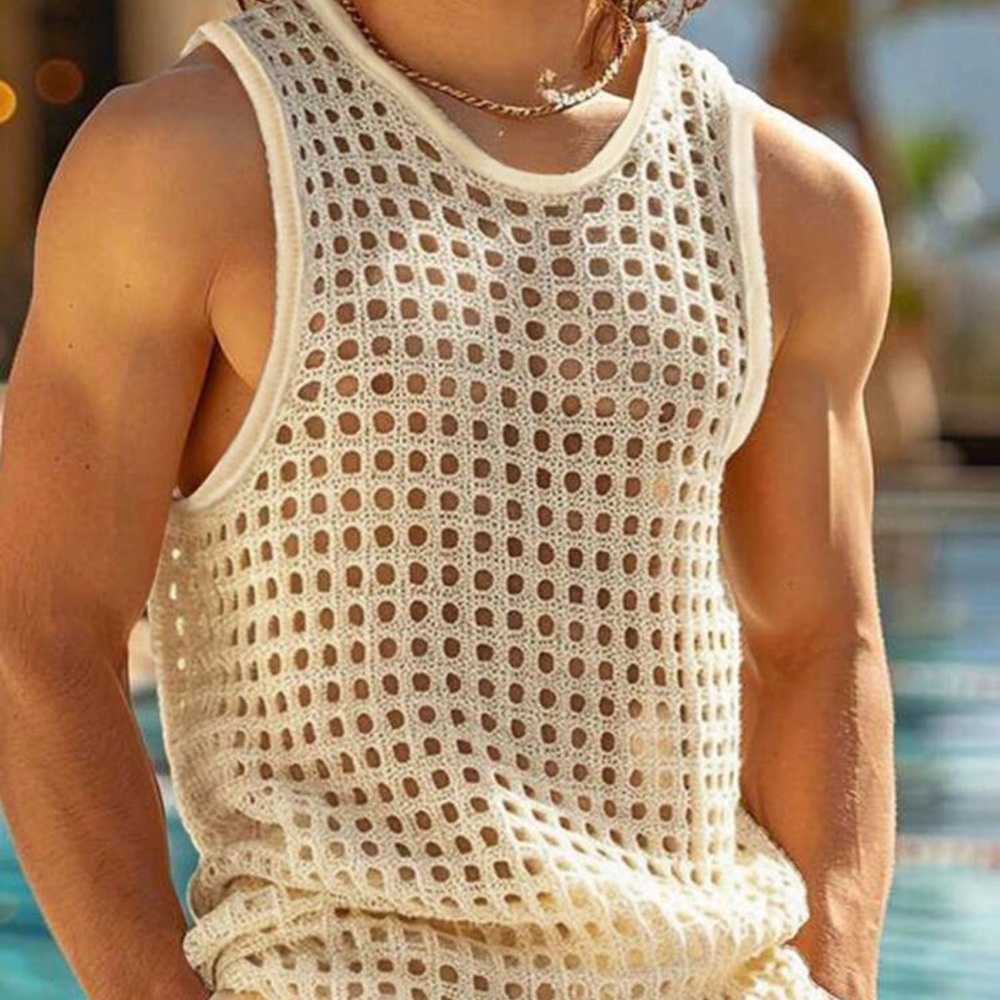 Men's Summer Tank Tops Hollow Out Solid Cool Crew Neck Sleeveless T-Shirt